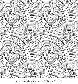Monochrome Seamless Pattern with Scale Motifs. Endless Texture with Abstract Design Element. Dragon Imitation, Mermaid. Coloring Book Page. Vector Contour Illustration. Ornate Abstraction