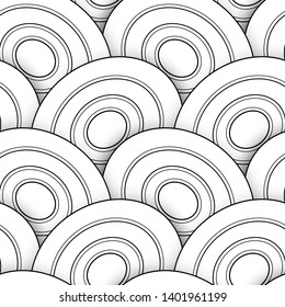 Monochrome Seamless Pattern with Scale Motifs. Endless Texture with Abstract Design Element. Dragon Imitation, Mermaid. Coloring Book Page. Vector 3d Contour Illustration. Ornate Abstraction