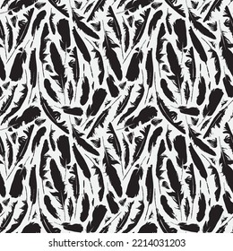 Monochrome seamless pattern with scattered bird feathers. Black raven feathers on a white backdrop. Abstract vector background with disheveled plumelets. Wallpaper, wrapping paper or fabric design