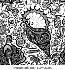 Monochrome Seamless Pattern with Sea Pebbles and Sea Shells. Detailed Pebble-stones Ornament, Beetles, Acorn, Mushroom, Dragonfly. Boho Style Mosaic Background, Ethnic Motifs. Vector Illustration