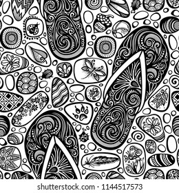 Monochrome Seamless Pattern with Sea Pebbles and Flip-flops. Detailed Pebble-stones Ornament, Beetles, Acorn, Mushroom, Dragonfly. Boho Style Mosaic Background, Ethnic Motifs. Vector Illustration