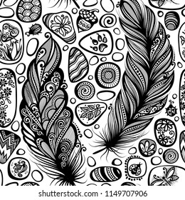 Monochrome Seamless Pattern with Sea Pebbles and Feathers. Detailed Pebble-stones Ornament, Beetles, Acorn, Mushroom, Dragonfly. Boho Style Mosaic Background, Ethnic Motif. Vector Contour Illustration