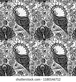 Monochrome Seamless Pattern with Sea Pebbles and Sea Shells. Detailed Pebble-stones Ornament, Beetles, Acorn, Mushroom, Dragonfly. Boho Style Mosaic Background, Ethnic Motifs. Vector Illustration