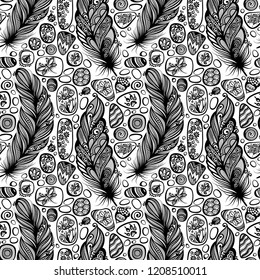 Monochrome Seamless Pattern with Sea Pebbles and Feathers. Detailed Pebble-stones Ornament, Beetles, Acorn, Mushroom, Dragonfly. Boho Style Mosaic Background, Ethnic Motif. Vector Contour Illustration