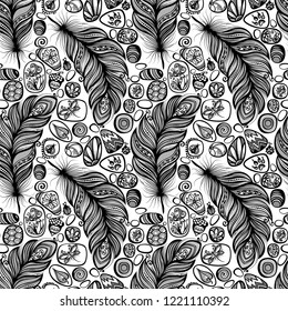 Monochrome Seamless Pattern with Sea Pebbles and Feathers. Detailed Pebble-stones Ornament, Beetles, Acorn, Mushroom, Dragonfly. Boho Style Mosaic Background, Ethnic Motif. Vector Contour Illustration