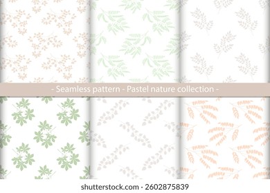 Monochrome seamless pattern set with pastel branches on white background. Different tree branches of beige and light green colors, minimalist design. Vector print for fabric, package or wrapper.