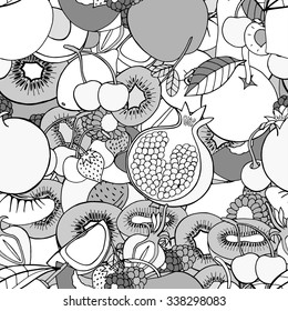 Monochrome Seamless pattern with set of sweet fruits and berries. Apples, kiwi, cherry. Food, fruit. Seamless texture. Doodle, cartoon drawing. Vector illustration