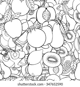 Monochrome Seamless pattern with set of sweet fruits and berries. Apples, kiwi, cherry. Food, fruit. Seamless texture. Doodle, cartoon drawing. Vector illustration