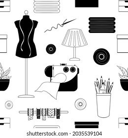 Patrón monocromo sin soldadura de los accesorios de costura. Ilustración vectorial. estilo de dibujos animados.