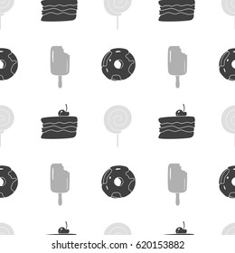 Monochrome seamless pattern with silhouettes. Sweet shop background for dessert packaging or brand identity. Vector illustration