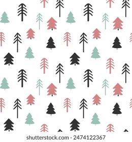 Monochrome seamless pattern with simple pine trees. Scandinavian background. 