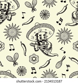 Monochrome seamless pattern with singing chili pepper in sombrero playing guitar, simple flower, Mexican ornament, musical symbols, sun and maracas, vector illustration