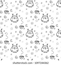 Monochrome Seamless pattern with sleeping owl for kids with hand drawn stars and moon. bedtime elements doodle in Scandinavian style