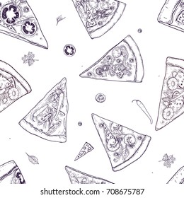 Monochrome seamless pattern with slices of different pizza types and ingredients scattered around on white background. Vector illustration for restaurant or pizzeria menu, delivery service.