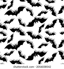 Monochrome seamless pattern with soaring bats on a white background for decoration for Halloween. Black light spooky white halloween art illustration. Gray funny scary print modern style background.