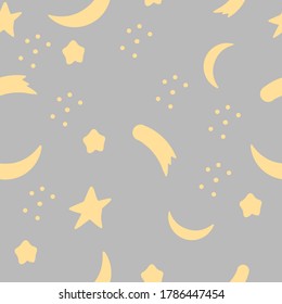 Fondo de repetición con temática monocromática sin fisuras en el espacio de patrones. Fondo gris y amarillo. Patrón vectorial sin costuras de la luna de las estrellas. Fondo de estilo escandinavo de estilo polka punto minimalista boho vintage