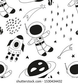 Monochrome Seamless Pattern With Spaceman, Saturn And Rocket In Outer Space In Scandinavian Style. Vector Illustration. Kids Poster For Nursery. Great For Baby Clothes, Greeting Card, Wrapping Paper.