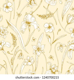 Monochrome seamless pattern with spring tender blooming flowers drawn with outlines on yellow background. Backdrop with garden flowering plants. Natural romantic vector illustration for wallpaper.