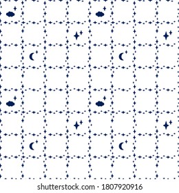 Monochrome Nahtlose Muster mit Sternen verschiedener Größen. Wolken, der Mond. Quadratzelle mit weißen Sternen auf blauem Hintergrund. Vektorgrafik