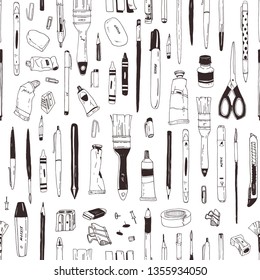 Monochrome Seamless Pattern With Stationery, Writing Utensils, Art Supplies Hand Drawn With Black Contour Lines On White Background. Realistic Vector Illustration For Wrapping Paper, Fabric Print.