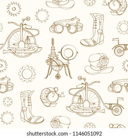 Monochrome seamless pattern with steampunk attributes and apparel hand drawn with contour lines on light background. Backdrop with steam powered machines. Realistic vector illustration for wallpaper