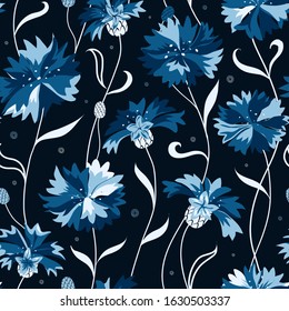 Monochrome seamless pattern with stylized blue cornflowers on a dark background. Summer floral vector background.