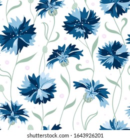 Monochrome seamless pattern with stylized blue cornflowers on a white background. Summer floral vector background.