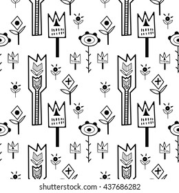 Monochrome seamless pattern with stylized floral motifs. 