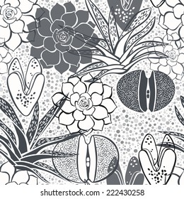 Monochrome seamless pattern with succulents.