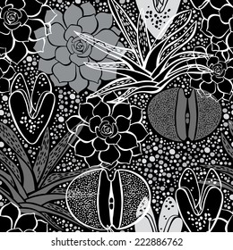 Monochrome seamless pattern with succulents.