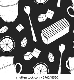 Monochrome seamless pattern for tea party. Vector illustrated background with cups, lemon, sugar and cake. Cropped with clipping mask