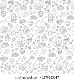 monochrome seamless pattern with tea, sweets, herbs and spices