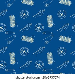 Monochrome seamless pattern of threads, buttons, needles and pins. A needle from a thread. Doodle style vector.