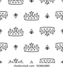 Monochrome seamless pattern with tiara and regal fleur de lys. Royal signs in style of fashion illustration. Black and white vector background