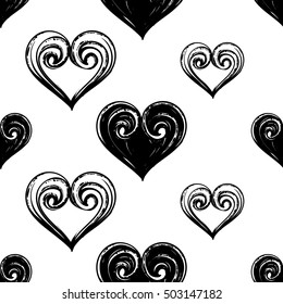 Monochrome seamless pattern with tight heart and lovely heart. Royal signs in style of fashion illustration. Black and white vector background