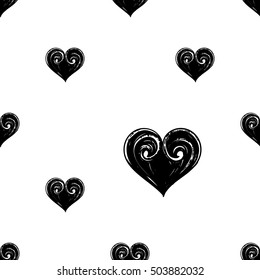 Monochrome seamless pattern with tight heart. Royal signs in style of fashion illustration. Black and white vector background