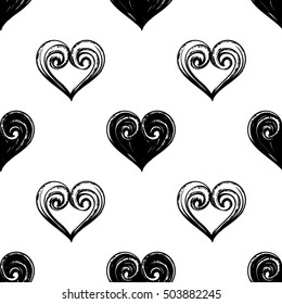 Monochrome seamless pattern with tight heart and lovely heart. Royal signs in style of fashion illustration. Black and white vector background