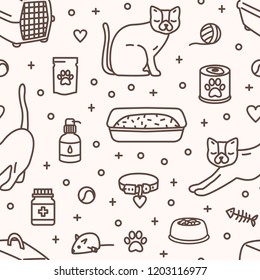 Monochrome seamless pattern with tools and products for cats care and entertainment drawn with contour lines on light background. Vector illustration in linear style for fabric print, wallpaper.
