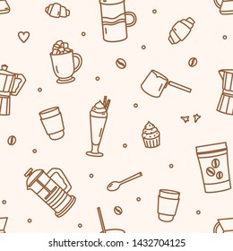 Monochrome seamless pattern with tools and utensils for coffee brewing drawn with contour lines on light background. Vector illustration in linear style for wrapping paper, fabric print, wallpaper.
