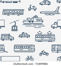 Monochrome seamless pattern with transport of different types on white background.  
Vector illustration in line art style for website backdrop, advertisement.
