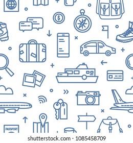 Monochrome seamless pattern with transports, tourism and adventure travel attributes drawn with blue contour lines on white background. Touristic backdrop. Modern vector illustration in lineart style