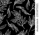 Monochrome seamless pattern with tropical leaves on black background. Line art botanical wallpaper