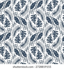 Monochrome seamless pattern with tropical leaves. Vector illustration.