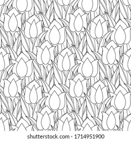 Monochrome Seamless Pattern with Tulips, Floral Motifs. Endless Texture with Flowers, Leaves and Swirls. Batik, Paisley Garden Style. Coloring Book Page. Vector Contour Illustration. Abstract Art