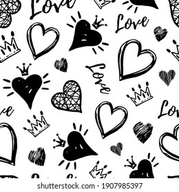 Monochrome seamless pattern for Valentine's Day.Black and white vector background with hearts and crowns.Simple holiday texture.14 February