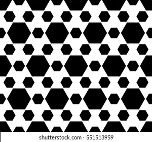 Monochrome seamless pattern, vector abstract endless black & white geometric background. Simple modern wallpaper with different sized hexagons. Repeat tiles. Design for print, furniture, fabric, cloth