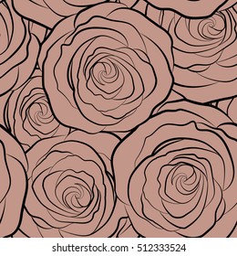 Monochrome seamless pattern with vector beige rose flowers silhouette.