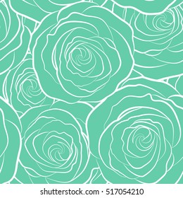 Monochrome seamless pattern with vector green rose flowers silhouette.