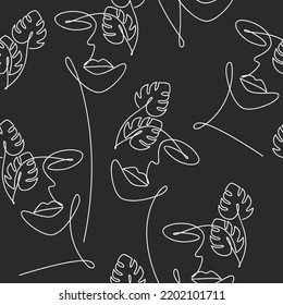 Monochrome seamless pattern vector. Woman face with monstera leaves continuous line drawing. Modern abstract line art illustration.Wallpaper, background, fabric, print, wrapping paper, banner, poster