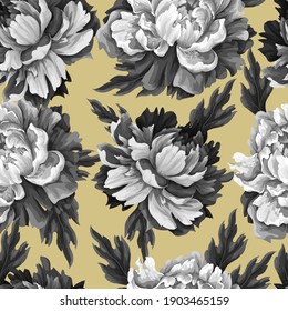 Monochrome seamless pattern with vintage peonies, roses and 
chrysanthemums. Vector